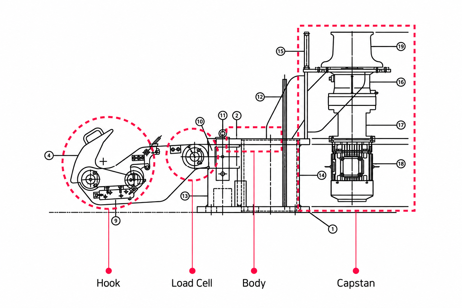 Hook, Load Cell, Body, Capstan이 표시된 QRH 핵심 구성요소 도면